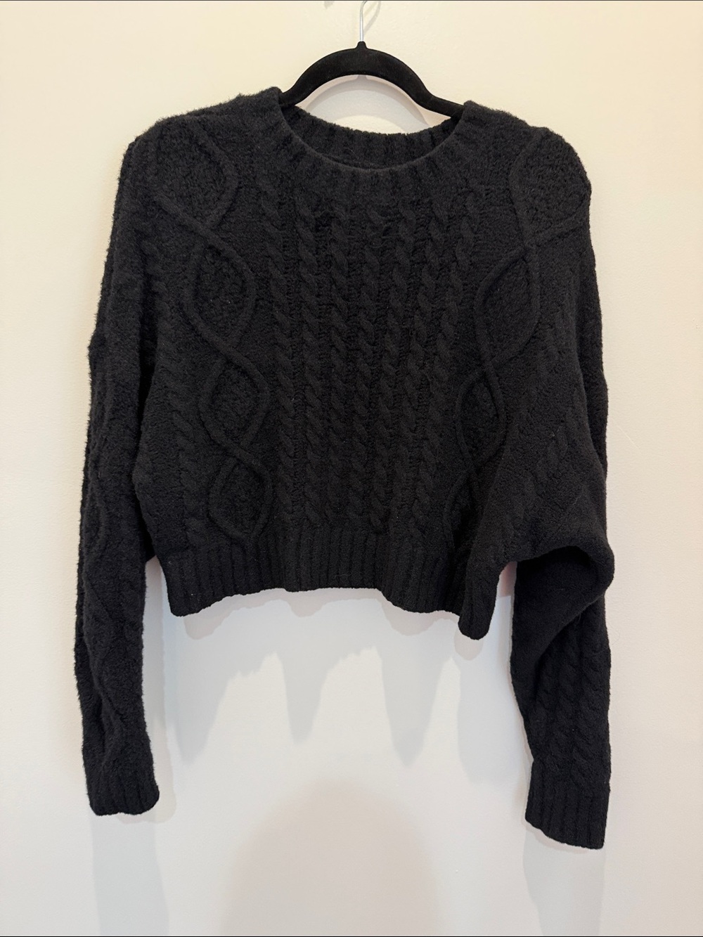 aerie Black Cable Knit Crewneck Sweater